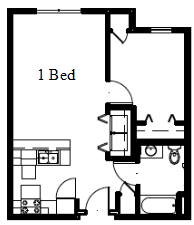 A floor plan of a one bedroom apartment.